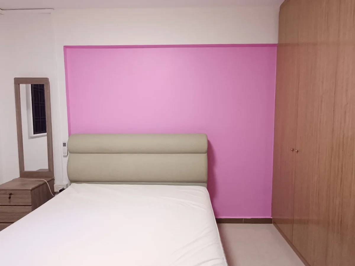 Pink feature wall and built-in