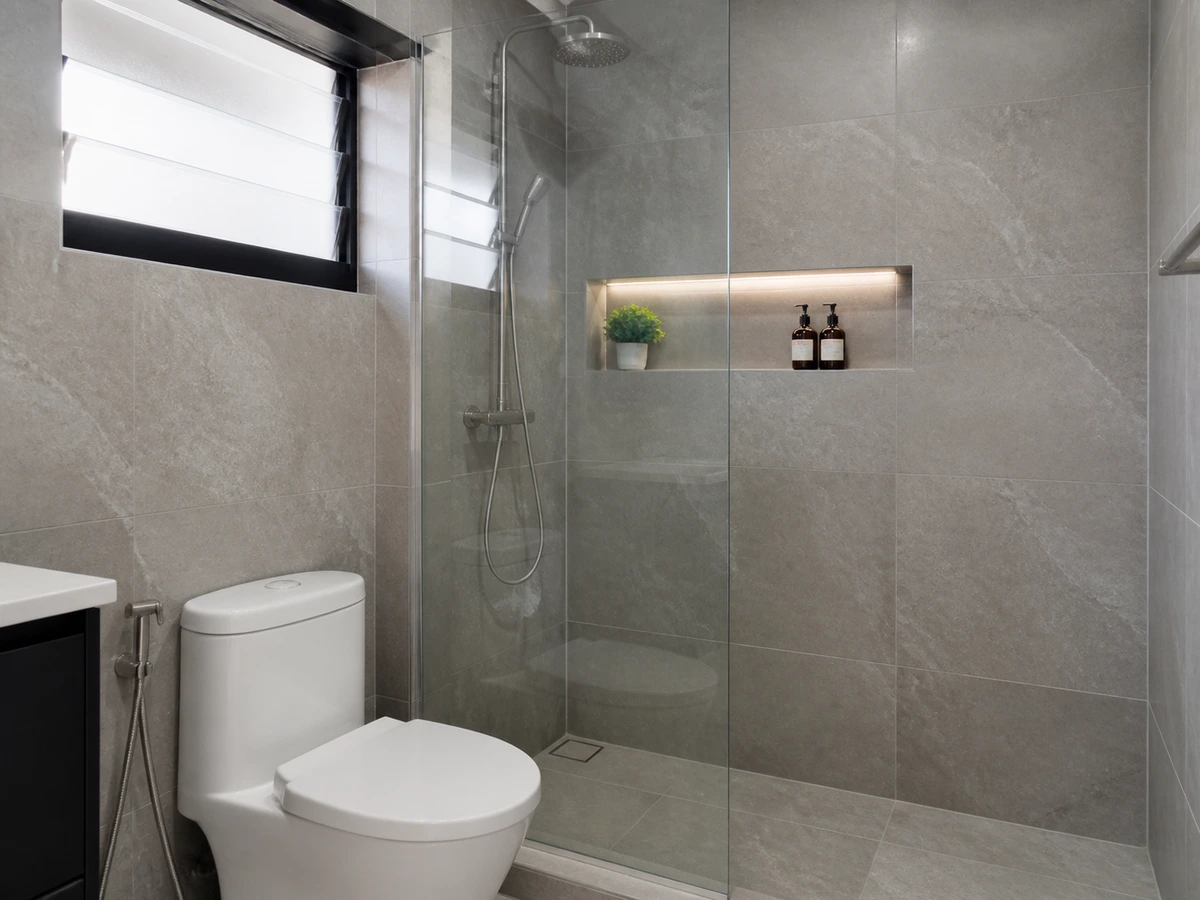 Completed shower and bathroom finish